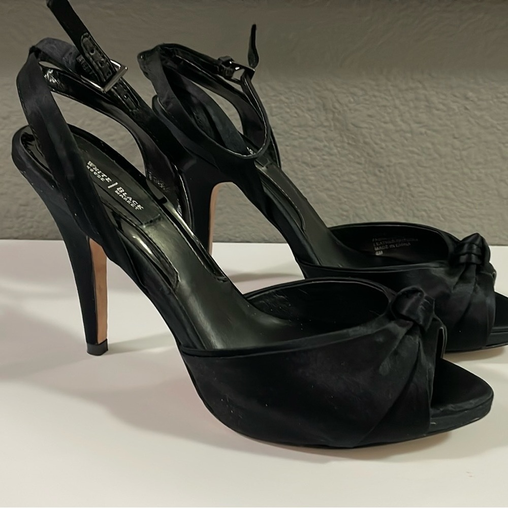 WHBM black satin Maple peeptoe pump sump size 8, worn twice